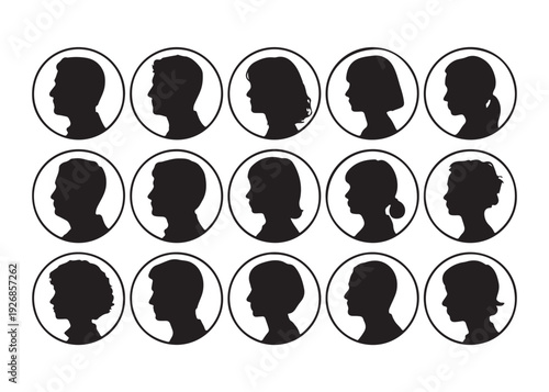 Array of black and white silhouette profiles in circles, showcasing diverse male and female head and hairstyles