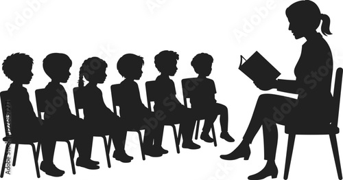 Silhouette illustration of teacher reading book to group of children seated in classroom, educational storytelling scene highlighting learning and early childhood development