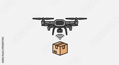 Drone delivering a package with wireless signal illustration.
