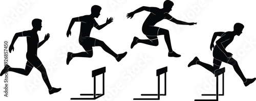 Silhouette sequence of male athlete sprinting and jumping over hurdles illustrating motion phases, speed, agility, and track and field training performance concept