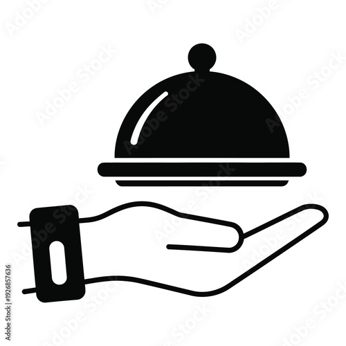 Black line art of a hand holding a covered serving dish icon icon