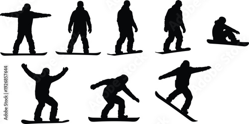 Snowboarder silhouette set showing winter sport action poses, snowboarding tricks and extreme freestyle rider isolated on white background