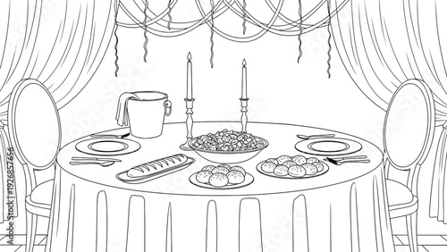 Lavishly set dining table with elegant drapes, two candlesticks, a salad bowl, bread, rolls, and an ice bucket, conveying a formal dining ambiance.