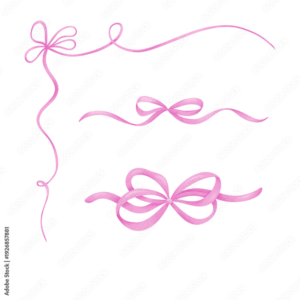 Fototapeta premium Watercolor pink bows set, ribbon silk, illustration for design and print.