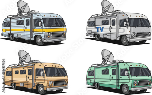 Television broadcast van vector illustration set with satellite dish mobile TV truck isolated media transport design collection