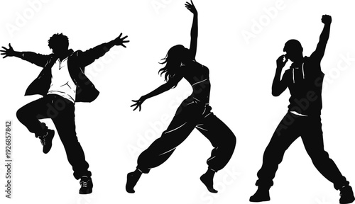 Hip hop dance silhouettes set isolated on white background energetic street dancers freestyle poses flat vector illustration urban music culture