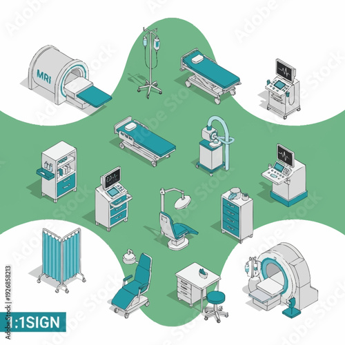 Medical equipment and hospital furniture set illustration.