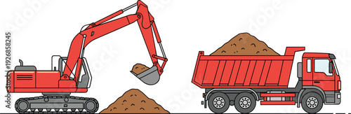 Red excavator loading soil into dump truck vector illustration construction site heavy machinery industrial equipment design