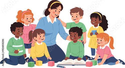 A teacher reads a book to a diverse group of children sitting on the floor with colorful blocks around them in a playful and educational setting.