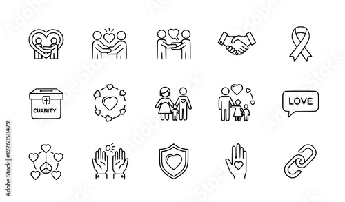 Love and friendship outline icons set charity care support vector editable stroke white background