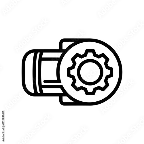 A minimalist black and white illustration of a gear icon attached to a cylindrical object, symbolizing machinery and industry.