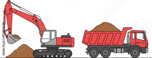 Excavator and dump truck vector illustration working at construction site with soil loading heavy machinery industrial equipment design