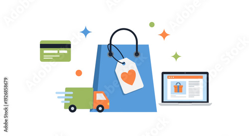 E-commerce Online Shopping, Fast Delivery & Secure Payment Concept. Digital Retail Journey from Web Store to Home.