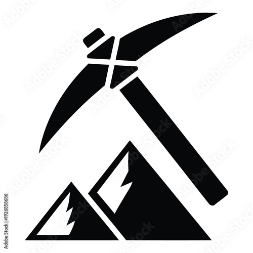Black silhouette of pickaxe and mountains icon symbol icon