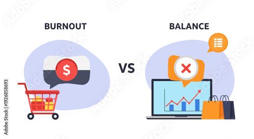 Financial Burnout vs. Balance: Consumerism, Spending Habits, and Well-being Illustration