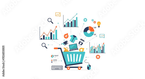 E-commerce Growth Strategy & Online Shopping Analytics. Digital Marketing, Retail Sales Data, and Business Management Concept with Shopping Cart