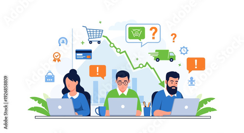 Business Team Analyzing Declining Sales and E-commerce Challenges: Problem-Solving & Customer Support Illustration