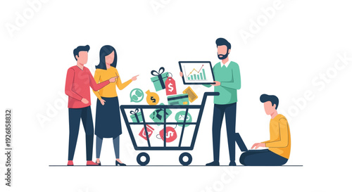 Online Shopping & E-commerce Growth Strategy. Team Managing Digital Sales, Marketing, and Customer Experience with Data Analysis.