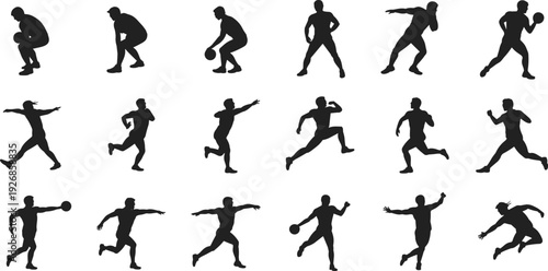 Male athlete sports silhouette set, dynamic action poses with ball, fitness training people, black vector icons isolated white background
