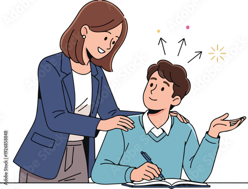 A female teacher assisting a male student with a notebook and mobile phone in a supportive gesture.