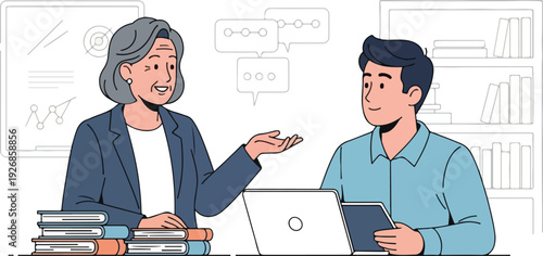 A middle-aged female teacher and a young male student interact over a laptop in a classroom setting with educational illustrations in the background, conveying a learning mood.