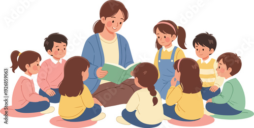 A smiling teacher reads a book to a group of diverse children sitting on colorful mats in a circle with a playful and educational atmosphere.