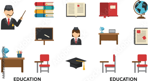 Flat lay illustration of various education icons and objects arranged on a white background, including a teacher, books, desk, chair, and graduation cap, conveying a learning and academic