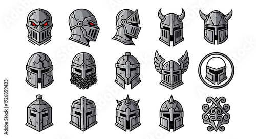 Collection of Medieval Helmets and Headpieces.