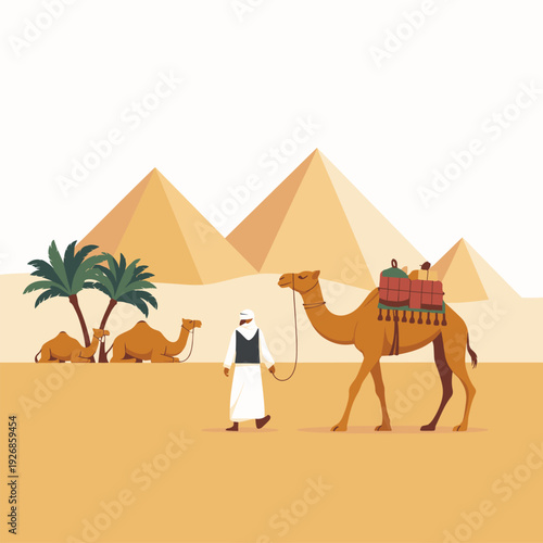 Flat Desert Landscape with Camels and Pyramids of Egypt Vector Illustration