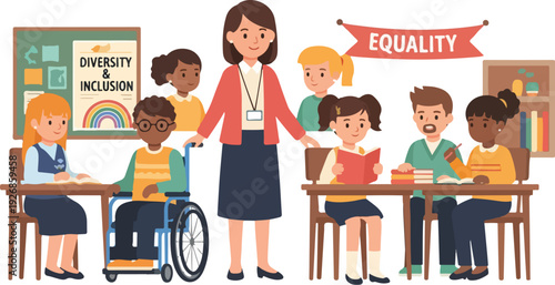 A diverse group of students sitting at desks in a classroom with a teacher standing beside them, conveying a sense of equality and inclusion in a colorful and lively educational setting.