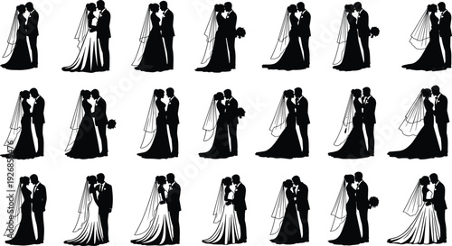 Wedding couple silhouette collection vector illustration featuring bride and groom romantic poses isolated black marriage love design set