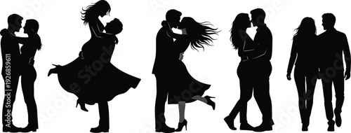Romantic couple silhouette collection vector illustration featuring kissing embracing dancing lovers isolated black relationship love design set