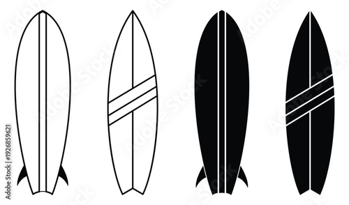 Minimalist surfboard icons with stripe details in outline and filled black versions Vector illustration.