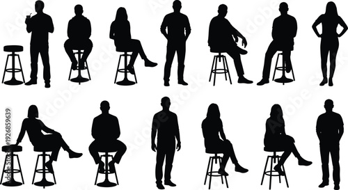 People silhouette collection sitting and standing on stool, diverse male and female black vector illustration isolated on white background