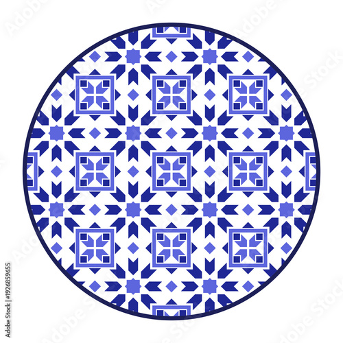 Porcelain plate with traditional blue on white design in Asian style. design pattern for background, plate, dish, bowl, lid, tray, salver, vector illustration art embroidery. arab pattern plate.