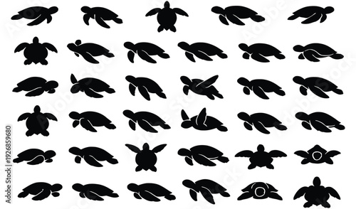 Black sea turtle silhouettes in various poses white background