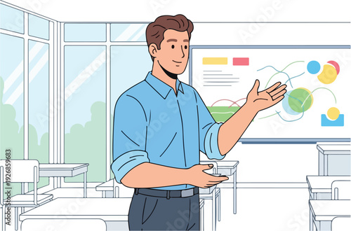 A male teacher standing in a classroom, presenting a lesson with a chart on the board in the background, wearing a blue shirt and dark pants with a professional and educational mood.