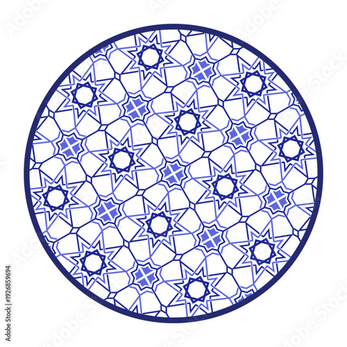 Porcelain plate with traditional blue on white design in Asian style. design pattern for background, plate, dish, bowl, lid, tray, salver, vector illustration art embroidery. arab pattern plate.
