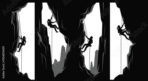Rock climbers rappelling inside deep canyon walls, extreme adventure sport silhouette vector illustration isolated on white background
