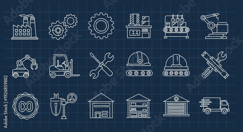 Industrial manufacturing and production icons representing various factory processes and equipment.