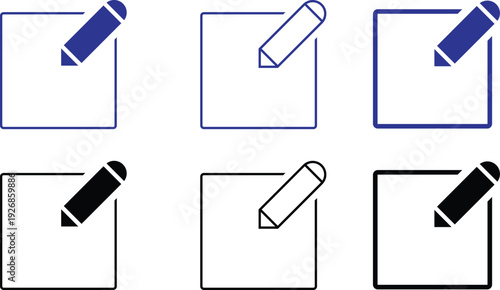 Edit Square Icons Vector Set – Pencil Edit Button in Solid and Outline Style