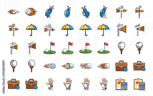 Colorful golf icons set including umbrellas flags briefcases and golf balls on white background for business and leisure concepts