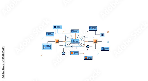 Complex Network Diagram Illustrating Interconnected Systems and Data Flow.