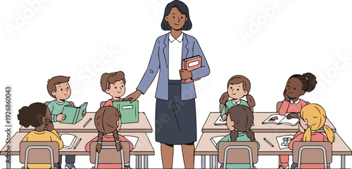 A diverse group of children sitting at desks in a classroom with a teacher standing and holding books.
