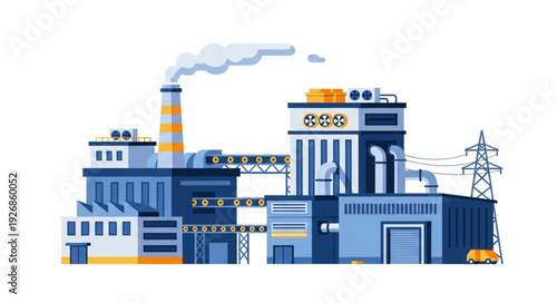 Industrial factory complex with smokestack emitting pollution into the atmosphere.