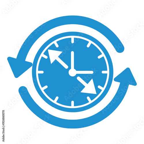 Blue clock icon with circular arrows indicating time reversal concept icon