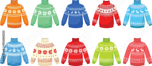 Colorful Christmas sweater set vector illustration featuring festive knitted patterns reindeer snowflakes winter holiday jumper collection isolated design
