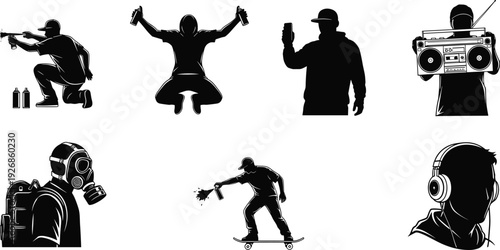 Street artist graffiti silhouettes set with spray paint skateboard boombox and urban culture illustration