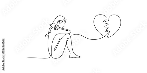 A continuous line drawing illustrating a person sitting sadly with a broken heart symbol Vector, illustration