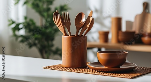 Wallpaper Mural Brown clay kitchen utensils and dishes on table Torontodigital.ca